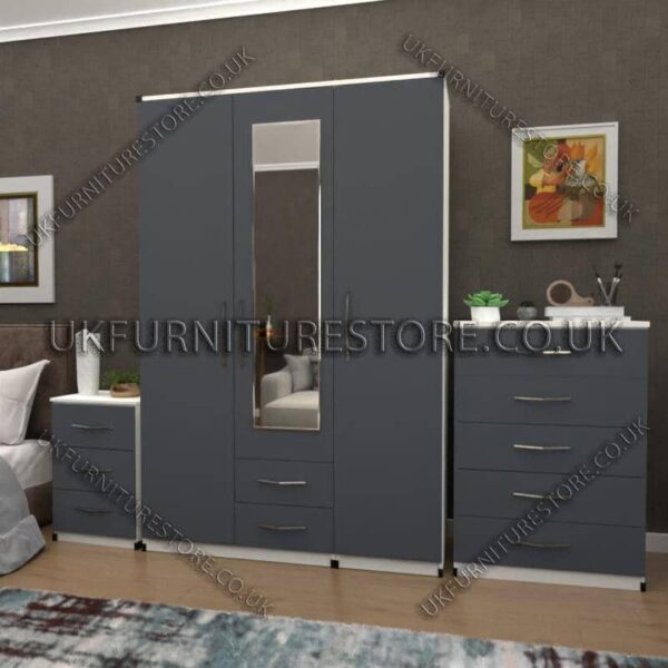Front Gray Side White 3 Door Wardrobe Set With 1 Mirror and 2 Bottom Drawers