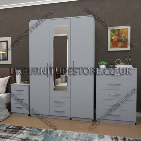 Silver 3 Door Wardrobe Set With 1 Mirror and 2 Bottom Drawers