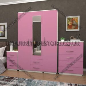 Front Pink Side White 3 Door Wardrobe Set With 1 Mirror and 2 Bottom Drawers