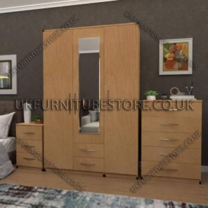 Beech 3 Door Wardrobe Set With 1 Mirror and 2 Bottom Drawers
