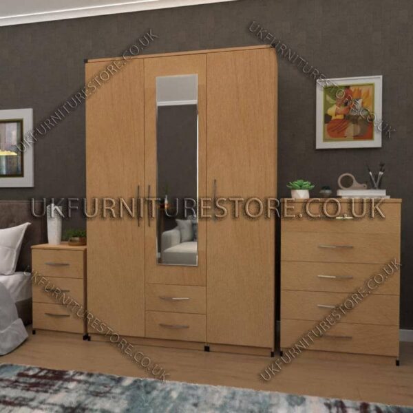 Beech 3 Door Wardrobe Set With 1 Mirror and 2 Bottom Drawers