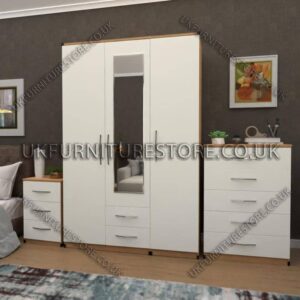 Front White Side Oak 3 Door Wardrobe Set With 1 Mirror and 2 Bottom Drawers