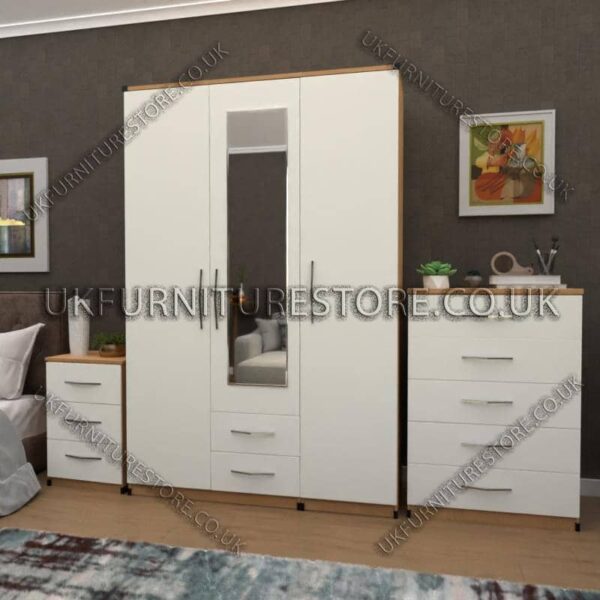 Front White Side Oak 3 Door Wardrobe Set With 1 Mirror and 2 Bottom Drawers