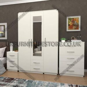 White 3 Door Wardrobe Set With 1 Mirror and 2 Bottom Drawers