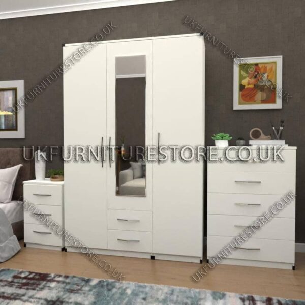 White 3 Door Wardrobe Set With 1 Mirror and 2 Bottom Drawers