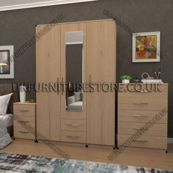 Oak 3 Door Wardrobe Set With 1 Mirror and 2 Bottom Drawers
