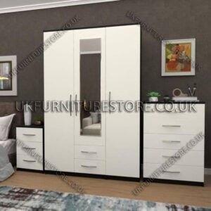 Front White Side Black 3 Door Wardrobe Set With 1 Mirror and 2 Bottom Drawers