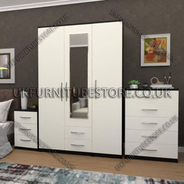 Front White Side Black 3 Door Wardrobe Set With 1 Mirror and 2 Bottom Drawers
