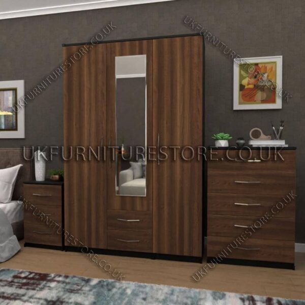 Front Walnut Side Black 3 Door Wardrobe Set With 1 Mirror and 2 Bottom Drawers
