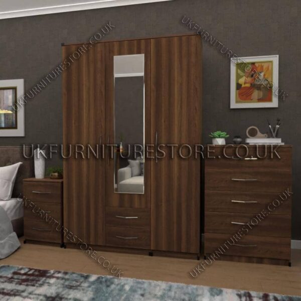 Walnut 3 Door Wardrobe Set With 1 Mirror and 2 Bottom Drawers