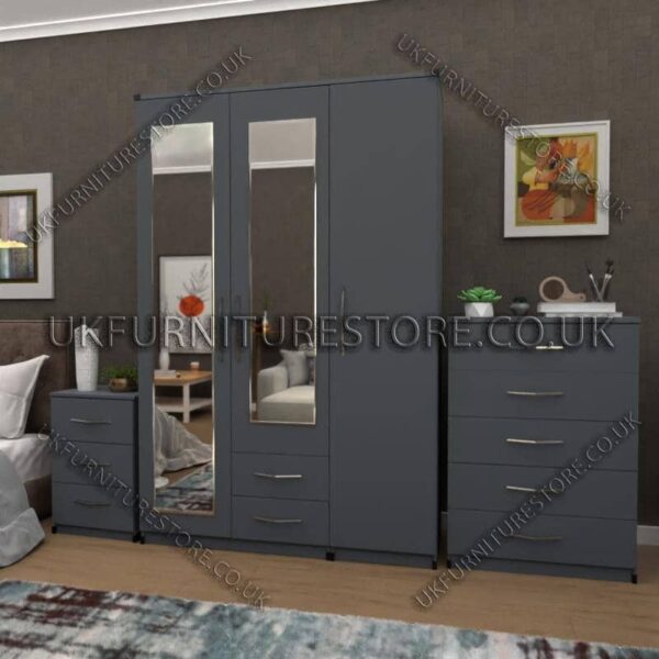 Gray 3 Door Wardrobe Set With 2 Mirrors and 2 Bottom Drawers