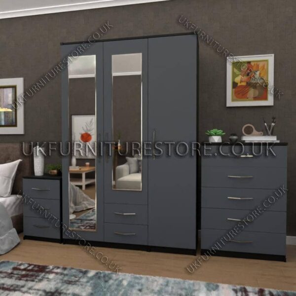 Front Gray Side Black 3 Door Wardrobe Set With 2 Mirrors and 2 Bottom Drawers