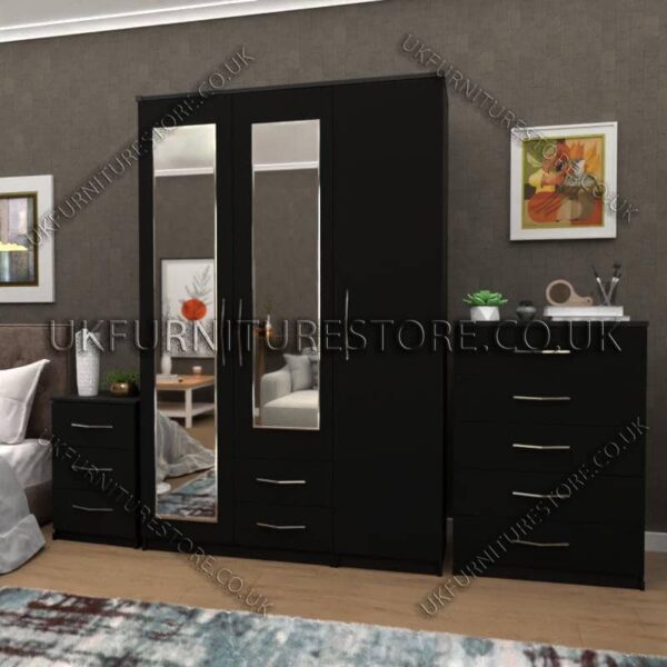 Black 3 Door Wardrobe Set With 2 Mirrors and 2 Bottom Drawers