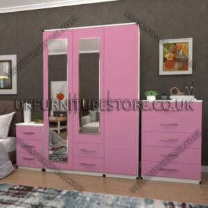 Front Pink Side White 3 Door Wardrobe Set With 2 Mirrors and 2 Bottom Drawers