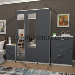 Front Gray Side White 3 Door Wardrobe Set With 2 Mirrors and 2 Bottom Drawers
