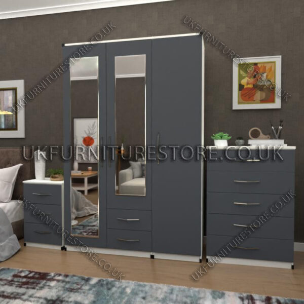 Front Gray Side White 3 Door Wardrobe Set With 2 Mirrors and 2 Bottom Drawers