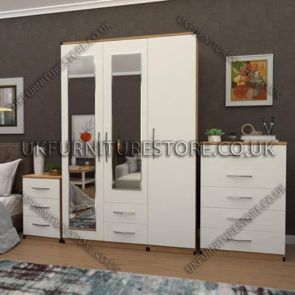 Front White Side Oak 3 Door Wardrobe Set With 2 Mirrors and 2 Bottom Drawers