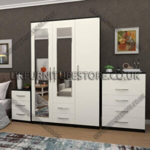 Front White Side Black 3 Door Wardrobe Set With 2 Mirrors and 2 Bottom Drawers