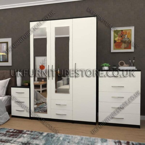 Front White Side Black 3 Door Wardrobe Set With 2 Mirrors and 2 Bottom Drawers