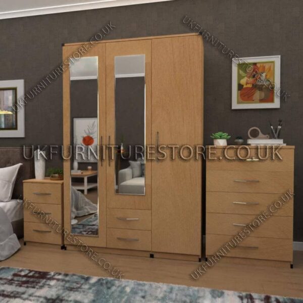 Beech 3 Door Wardrobe Set With 2 Mirrors and 2 Bottom Drawers