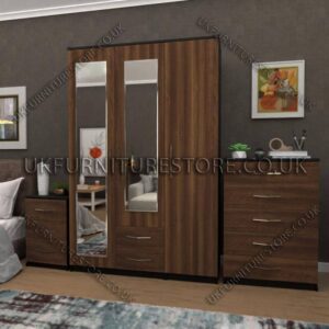 Front Walnut Side Black 3 Door Wardrobe Set With 2 Mirrors and 2 Bottom Drawers