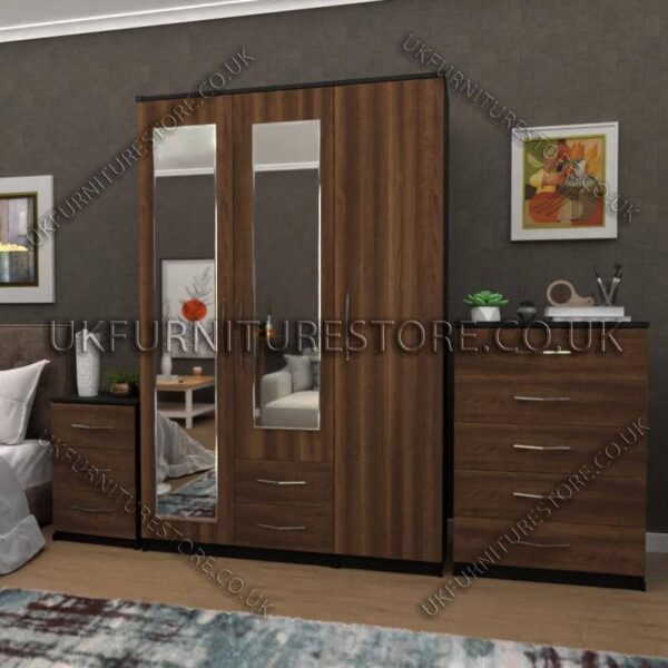 Front Walnut Side Black 3 Door Wardrobe Set With 2 Mirrors and 2 Bottom Drawers