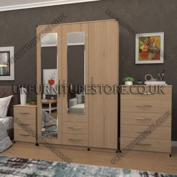 Oak 3 Door Wardrobe Set With 2 Mirrors and 2 Bottom Drawers