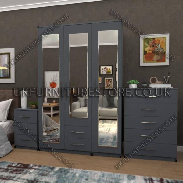 Gray 3 Door Wardrobe Set With 3 Mirrors and 2 Bottom Drawers