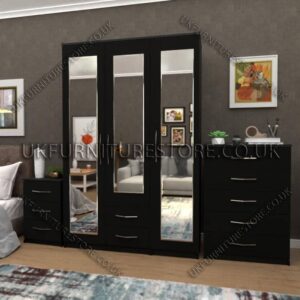 Black 3 Door Wardrobe Set With 3 Mirrors and 2 Bottom Drawers