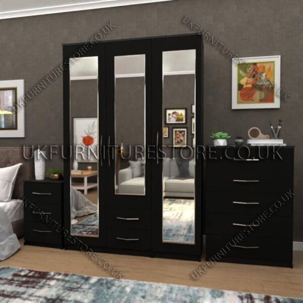 Black 3 Door Wardrobe Set With 3 Mirrors and 2 Bottom Drawers