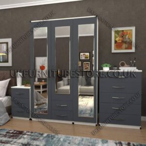 Front Gray Side White 3 Door Wardrobe Set With 3 Mirrors and 2 Bottom Drawers