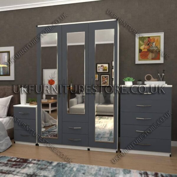 Front Gray Side White 3 Door Wardrobe Set With 3 Mirrors and 2 Bottom Drawers