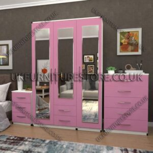 Front Pink Side White 3 Door Wardrobe Set With 3 Mirrors and 2 Bottom Drawers