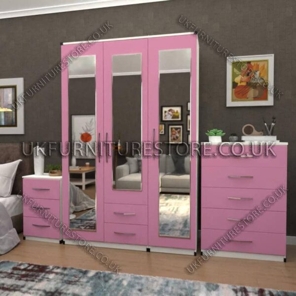 Front Pink Side White 3 Door Wardrobe Set With 3 Mirrors and 2 Bottom Drawers