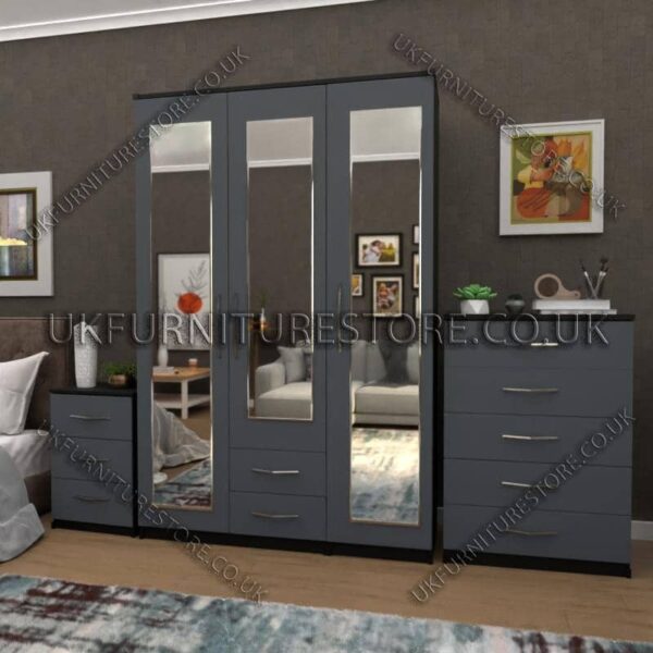 Front Gray Side Black 3 Door Wardrobe Set With 3 Mirrors and 2 Bottom Drawers