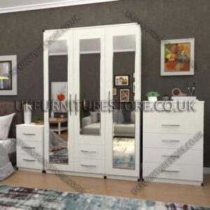 White 3 Door Wardrobe Set With 3 Mirrors and 2 Bottom Drawers