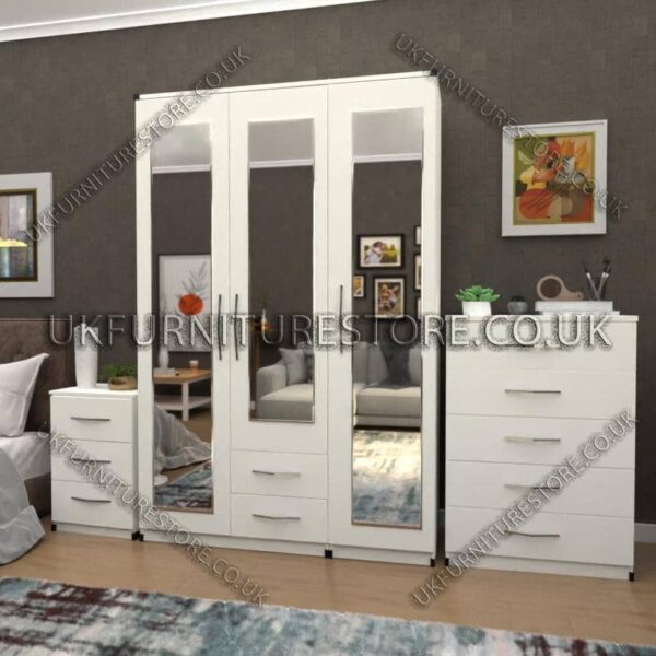 White 3 Door Wardrobe Set With 3 Mirrors and 2 Bottom Drawers