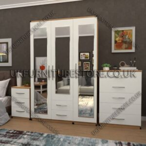 Front White Side Oak 3 Door Wardrobe Set With 3 Mirrors and 2 Bottom Drawers