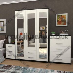 Front White Side Black 3 Door Wardrobe Set With 3 Mirrors and 2 Bottom Drawers