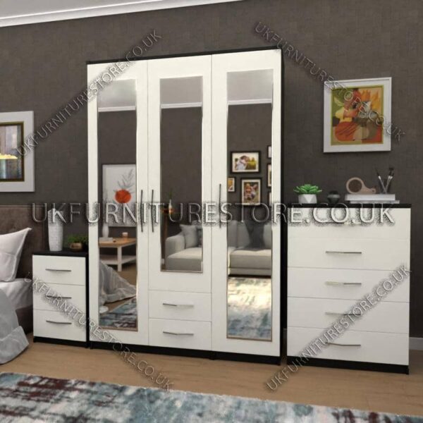 Front White Side Black 3 Door Wardrobe Set With 3 Mirrors and 2 Bottom Drawers