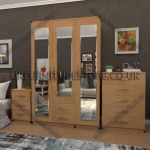 Beech 3 Door Wardrobe Set With 3 Mirrors and 2 Bottom Drawers