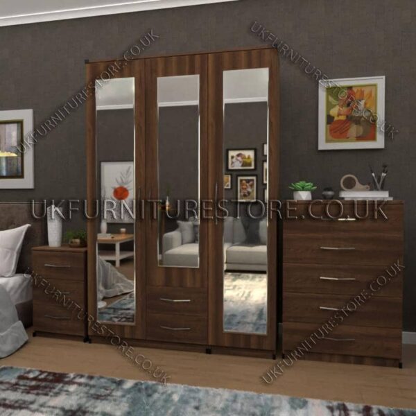 Beech 3 Door Wardrobe Set With 3 Mirrors and 2 Bottom Drawers