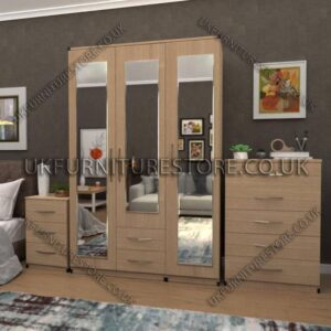 Oak 3 Door Wardrobe Set With 3 Mirrors and 2 Bottom Drawers