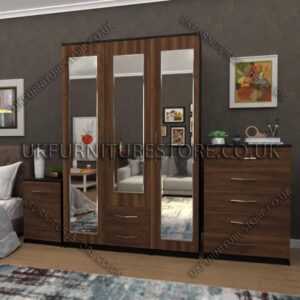 Front Walnut Side Black 3 Door Wardrobe Set With 3 Mirrors and 2 Bottom Drawers