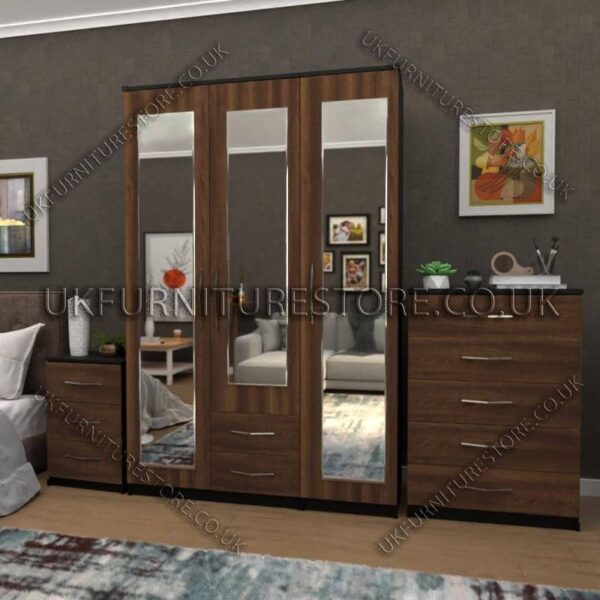 Front Walnut Side Black 3 Door Wardrobe Set With 3 Mirrors and 2 Bottom Drawers