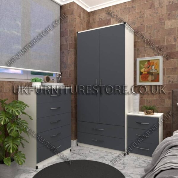 Front Gray Side White 2 Door Wardrobe Set With 2 Bottom Drawers