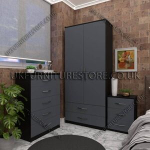 Front Gray Side Black 2 Door Wardrobe Set With 2 Bottom Drawers