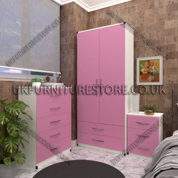 Front Pink Side White 2 Door Wardrobe Set With 2 Bottom Drawers