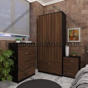 Front Walnut Side Black 2 Door Wardrobe Set With 2 Bottom Drawers
