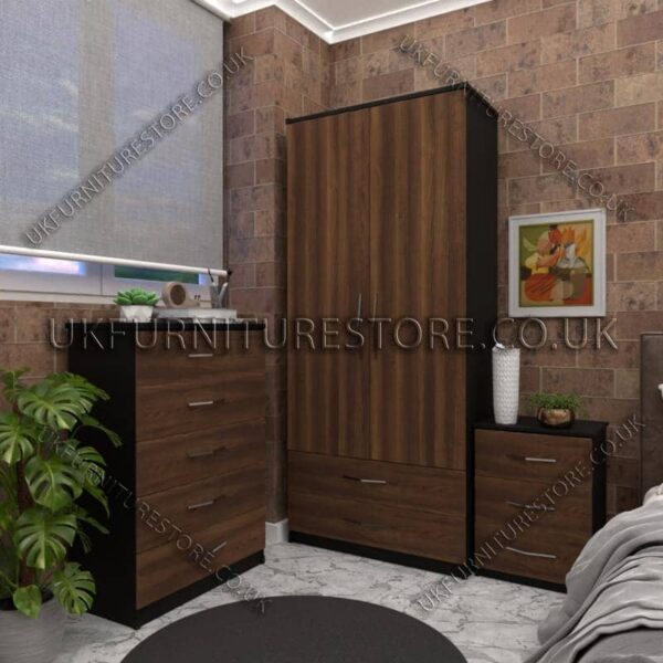 Front Walnut Side Black 2 Door Wardrobe Set With 2 Bottom Drawers